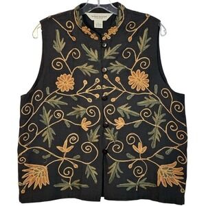 Vermont Country Store‎ Embroidered Floral Button Up Vest Orange Green Brown LG